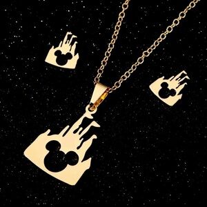18K Gold Plated Disney Castle Silhouette With Mickey Head Cutout Necklace Set